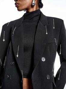 LYSMO 2025 极简主义冬季派对女士翻领长袖链条装饰双排扣收腰西装外套/圣诞节/女士圣诞节/圣诞节/新年/新年/感恩节/返校季/返校节/2000年代风格/Y2K女装/街头服饰