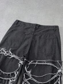 Manfinity Denimwave Men's Casual Distressed Ripped Frayed Hem Black & Grey Jeans Men Black Distressed Jeans Men Ripped Jeans - Dark Grey - View 6