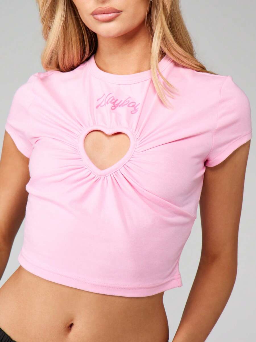 Missguided x Playboy Áo thun crop top tay ngắn thêu họa tiết trái tim cho bé - Hồng - Xem 1