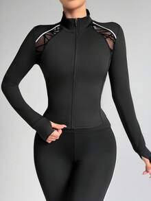 Dewbera Women's Autumn Raglan Sleeve Mesh Patchwork Fitted Thumb Hole Sports Jacket Black Workout Jacket Curvy Workout Top - Black - View 3