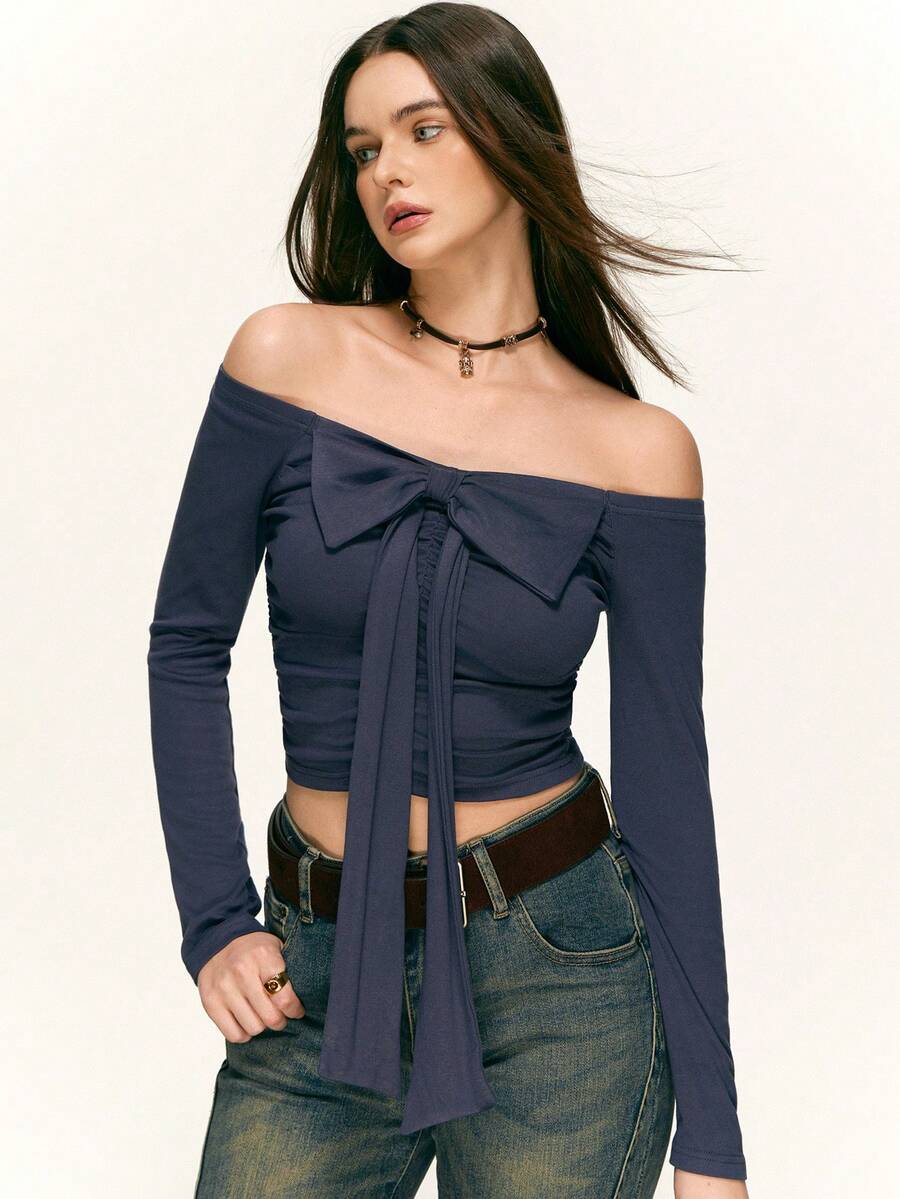 Rina Fox Áo thun dài tay xếp ly hở vai họa tiết nơ thanh lịch dành cho nữ năm 2025, màu trơn tối giản, thu/đông - Màu xanh hải quân - Xem 1