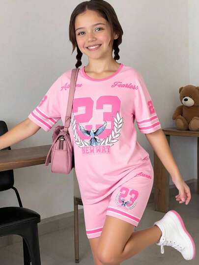 SHEIN Tween Girls Oversized White Print Colorblock Round Neck Short Sleeve Loose T-Shirt And Fitted Shorts Sports Set, Pink, Summer Streetwear