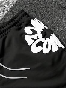 SLATEMANN 男士字母印花抽绳腰休闲宽松短裤 - 黑色 - 查看 4