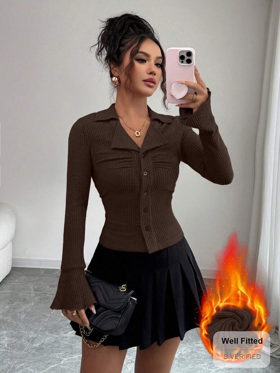 Elenzga 女士罗纹磨毛修身褶皱喇叭袖T恤 - 咖啡棕 - 查看 1