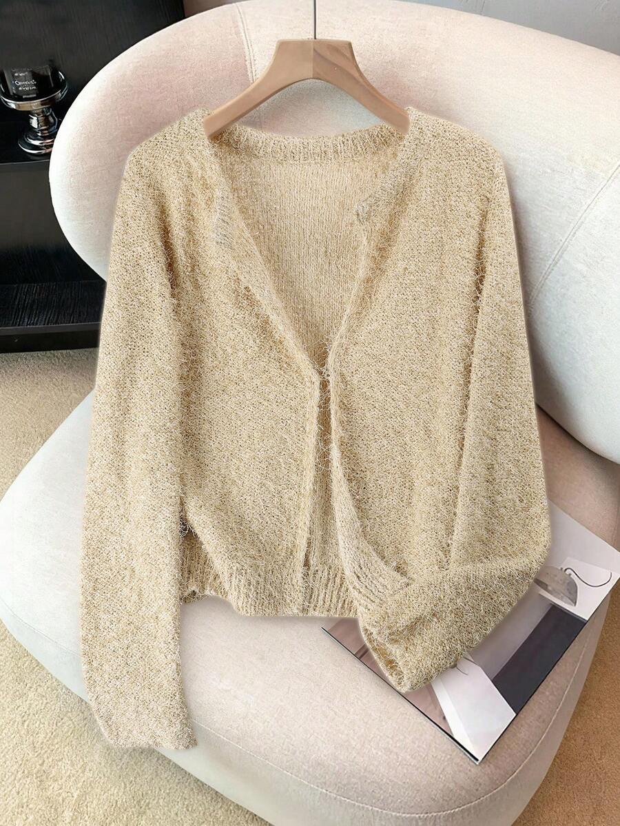 Franclia Cárdigan casual de manga larga de unicolor para mujer - Caqui - Ver 1