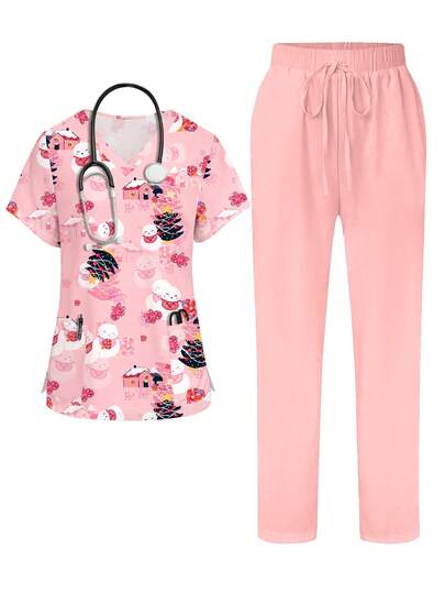 PopScrub Conjunto de uniforme de enfermería con bolsillo, cuello en V, manga corta, estampado de muñeco de nieve y árbol de Navidad de dibujos animados en color rosa para mujeres