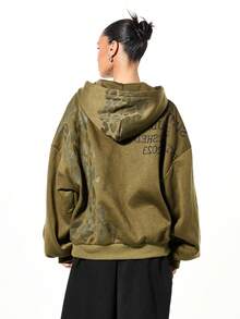 SUMWON Plus Size Camouflage Print Full Zip Hoodie With Drawstring And Front Centre Pocket/Winter - Army Green - View 2