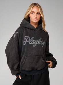 Missguided x Playboy Áo nỉ trùm đầu họa tiết Rhinestone có túi giữa, kiểu dáng cổ điển, áo chui đầu cỡ lớn - Xám - Xem 1