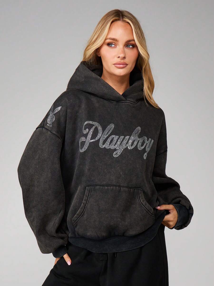 Missguided x Playboy Áo nỉ trùm đầu họa tiết Rhinestone có túi giữa, kiểu dáng cổ điển, áo chui đầu cỡ lớn - Xám - Xem 1