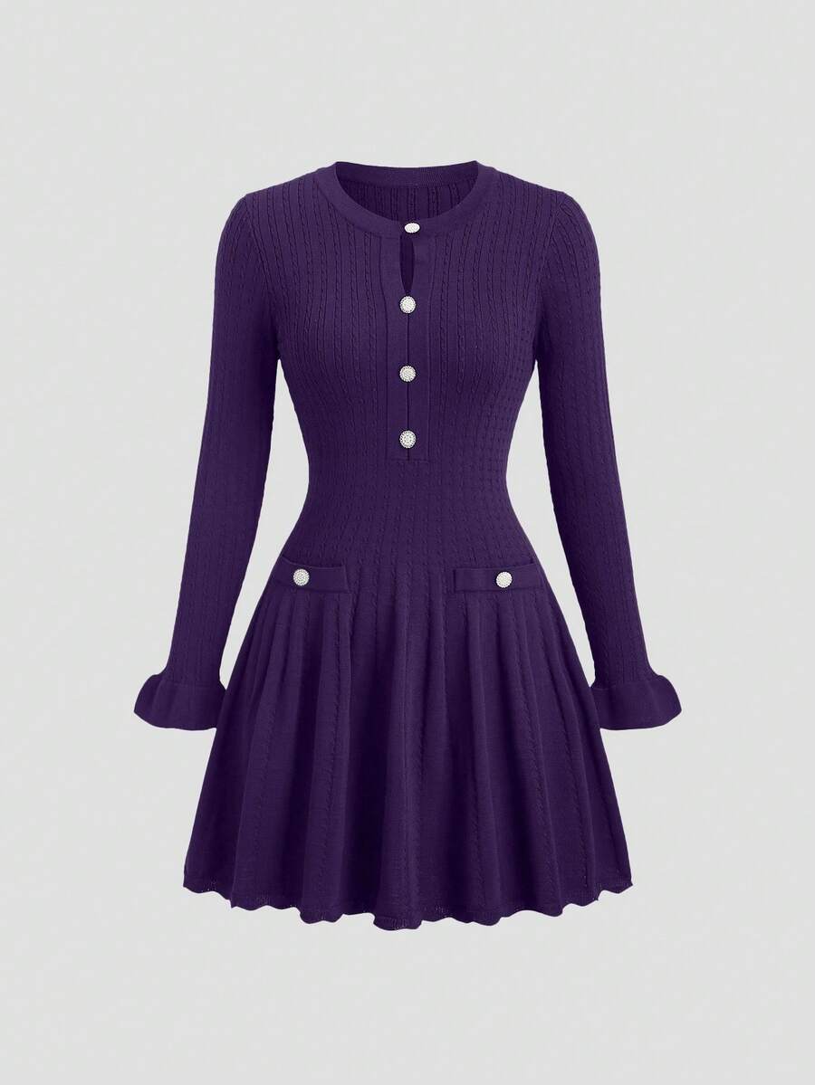 GlowEve Đầm dệt kim ngắn tay dài, thanh lịch kiểu Pháp mùa thu sớm, thích hợp cho công sở, với viền bèo nhún. - Màu tím  Violet - Xem 1