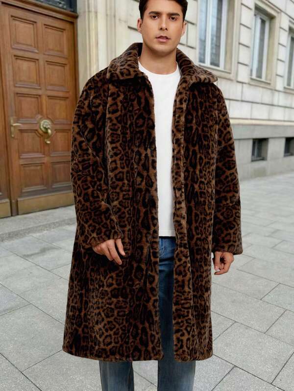 Manfinity Homme Men's Fashionable Leopard Print Faux Fur Long Jacket, Autumn/Winter