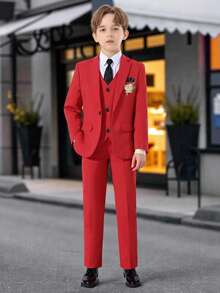 SHEIN 5pcs Tween Boys Suit Set - Notch Lapel Blazer + Single-Breasted Vest + Half-Elastic Waist Pants + Solid White Shirt + Tie, Suitable For Daily Wear, Awards Ceremony, Birthday Party, Wedding, Wedding Guest, Pageboy, Ring Boy - Red - View 3