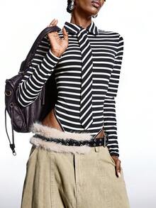 LYSMO 女士条纹翻领长袖系带休闲连体衣 - 黑與白 - 查看 8