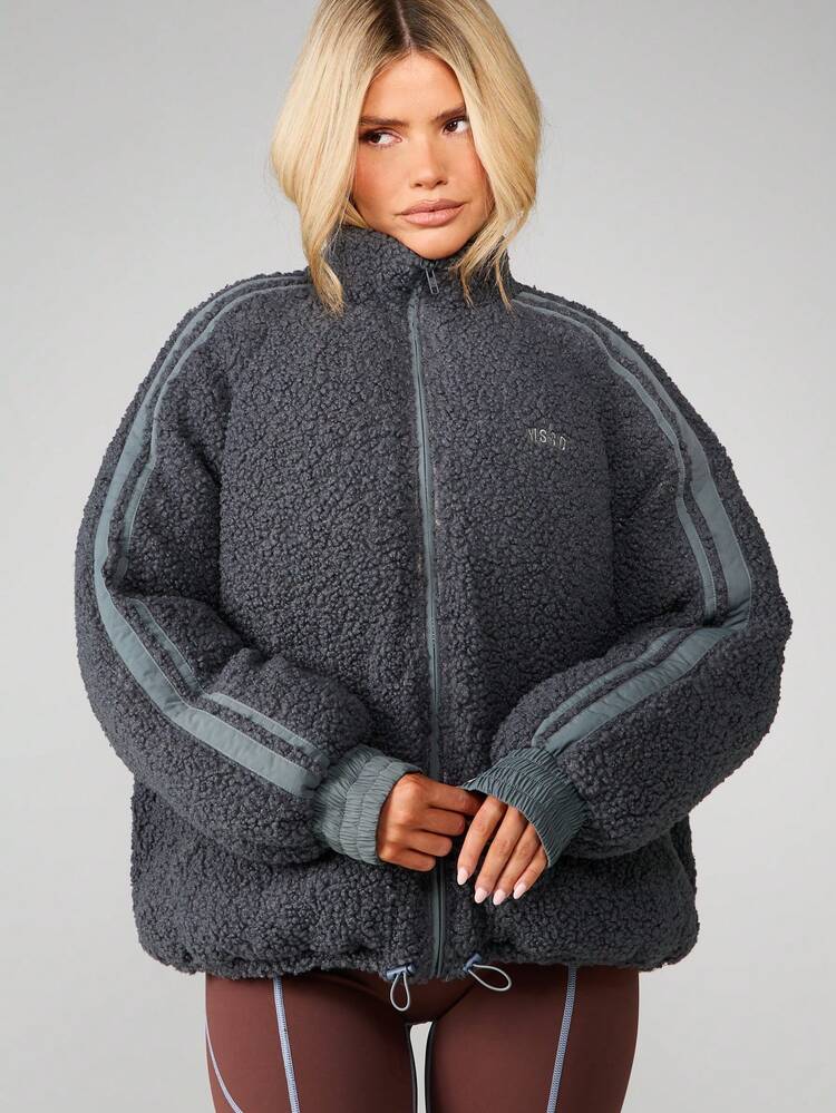 MISSGUIDED Oversized Borg Fleece Winter Jacket With Sports Stripe Detailing For Cold Weather