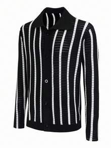 Claim Dot Men's Contrast Stripe Hollow Out Long Sleeve Cardigan Men Knitted Button Up Men Crochet Shirt Men Striped Long Sleeves Men White Stripe Shirt Men Black And White Shirt