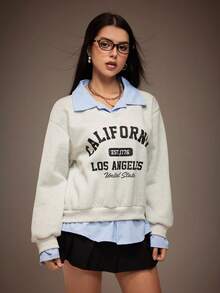 Women's Casual School Style Letter Print 2 In 1 Shirt Collar Sweatshirt, Autumn/Winter - Grey - View 3