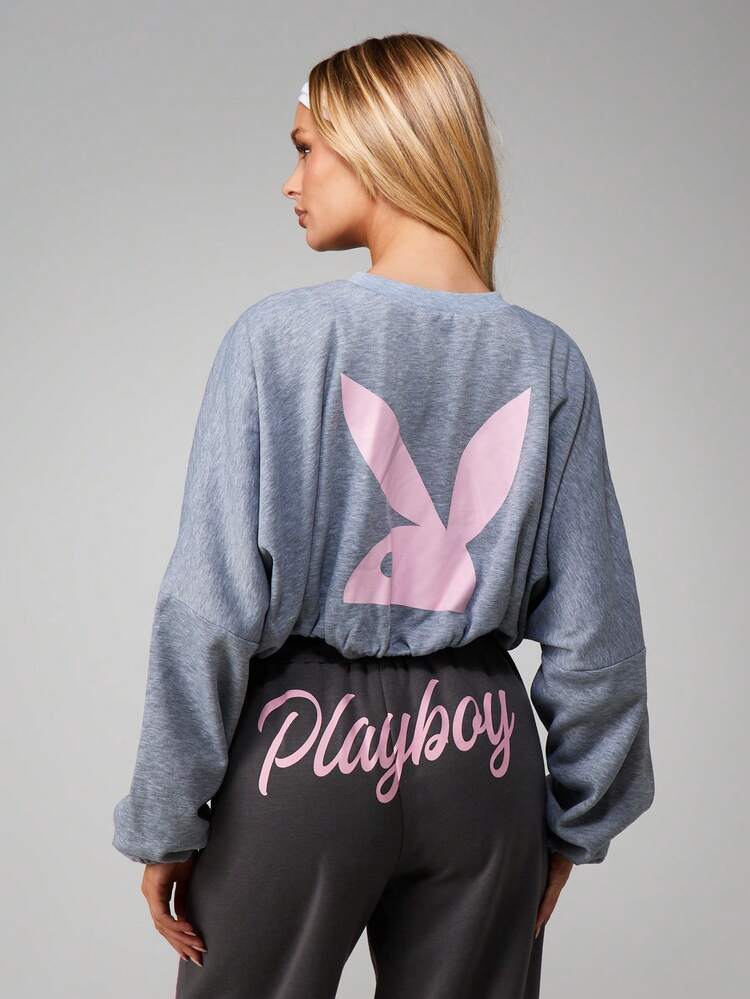 Missguided x Playboy Bunny Logo Heathered Sweatshirt With Drawstring Hem And Long Sleeves For Casual Comfort