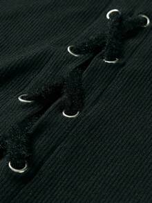 Rina Fox Blouse femme col roulé manches longues ajustée sexy avec laçage et dentelle ajourée - Noir - Voir 4