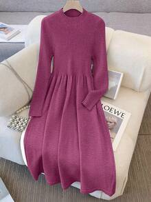 GlowEve 时尚高端别致圆领修身休闲长款开衫和针织中长连衣裙两件套，秋冬 - 紫羅蘭色 - 查看 6