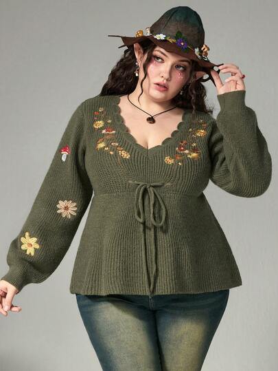 Fairycore Plus Size Vintage Cottagecore Cornflower, Mushroom, Wild Flower & Botanical Print Elegant Pullover Sweater, Autumn/Winter Plus Size Olive Green Sweater Top For Women