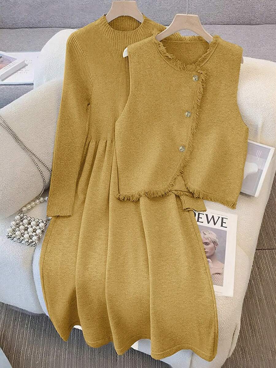 GlowEve Fashionable High-End Chic Round Neck Slimming Casual Long Cardigan & Knit Midi Dress 2 Pieces Set, Autumn/Winter - Pale Yellow - View 1