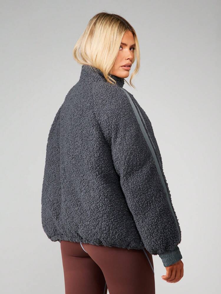 MISSGUIDED Oversized Borg Fleece Winter Jacket With Sports Stripe Detailing For Cold Weather