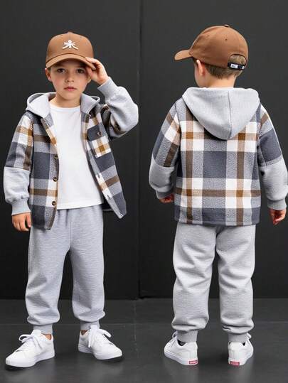 Genkimix Kids 2pcs/Set Young Boy Autumn/Winter Fashion Coffee Plaid Contrast Color Hooded Jacket With Pockets & Elastic Waist Solid Color Pants, Suitable For 4Y-7Y Boys Outdoor, Street, Photo Shoot
