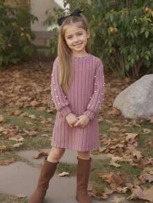 SHEIN Emery Rose Kids 少女优雅粉色珍珠灯笼袖长袖连衣裙，蓬松柔软，保暖舒适，适合姐妹装，秋冬季 - 粉色 - 查看 6