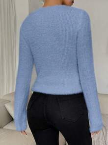 Xyvia Solid Color Raglan Sleeve Hollow Out Fitted Knit Sweater - Blue - View 2