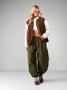 MISSGUIDED 舒适羊羔绒拉链背心抓绒马甲冬季保暖外套秋季外衣 - 棕色 - 查看 3