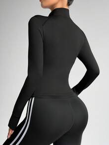 Dewbera Women's Autumn Raglan Sleeve Mesh Patchwork Fitted Thumb Hole Sports Jacket Black Workout Jacket Curvy Workout Top - Black - View 2