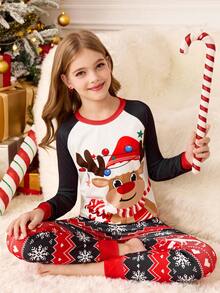 SHEIN Tween Mädchen Weihnachts-Pyjamas für die ganze Familie, enge Passform