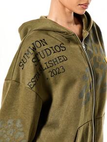SUMWON Plus Size Camouflage Print Full Zip Hoodie With Drawstring And Front Centre Pocket/Winter - Army Green - View 6