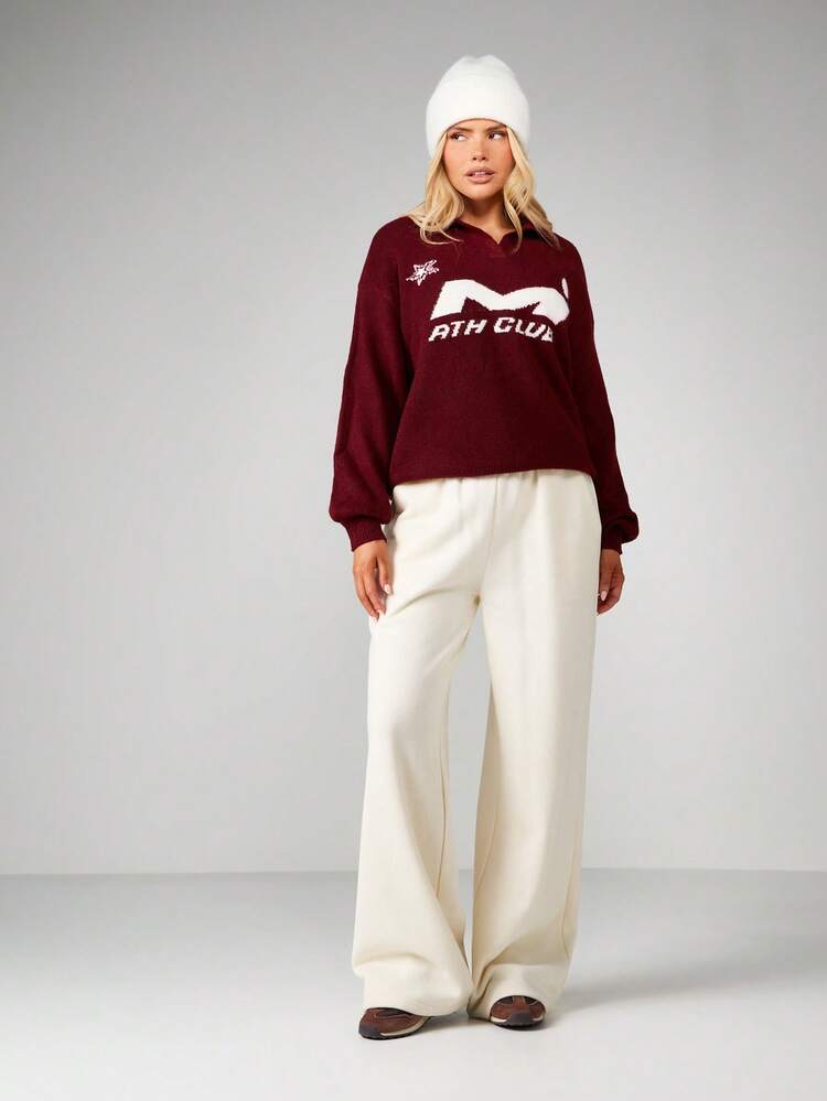 MISSGUIDED Women Christmas Holiday Graphic Knitted Collared Pullover Sweater With Winter Text Print Christmas