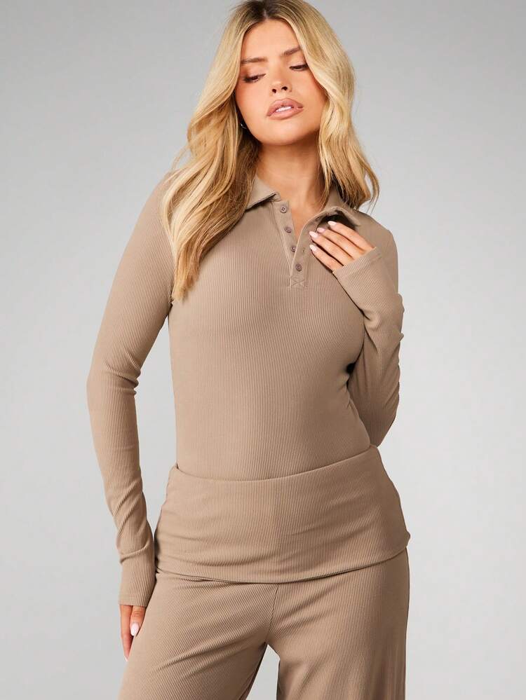 MISSGUIDED Ribbed Knit Long Sleeve Collared Bodysuit For Women Fall Winter Casual Loungewear