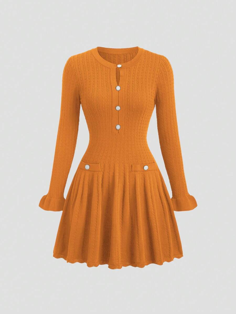 GlowEve 初秋法式优雅风藏青色镂空复古荷叶边下摆优雅长袖短款针织连衣裙 - 珊瑚橙 - 查看 1