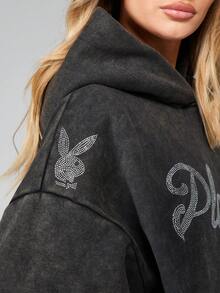 Missguided x Playboy Áo nỉ trùm đầu họa tiết Rhinestone có túi giữa, kiểu dáng cổ điển, áo chui đầu cỡ lớn - Xám - Xem 5