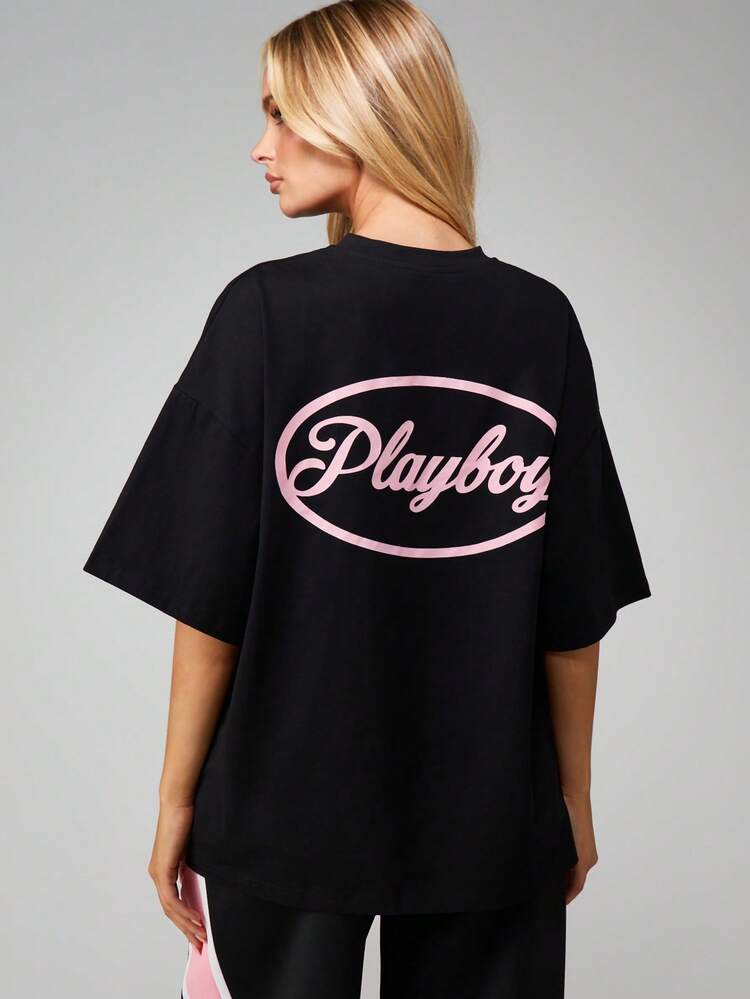 Missguided x Playboy 오버사이즈 크루넥 반팔 스테이트먼트 로고 티 캐주얼 데일리 컴포트 탑