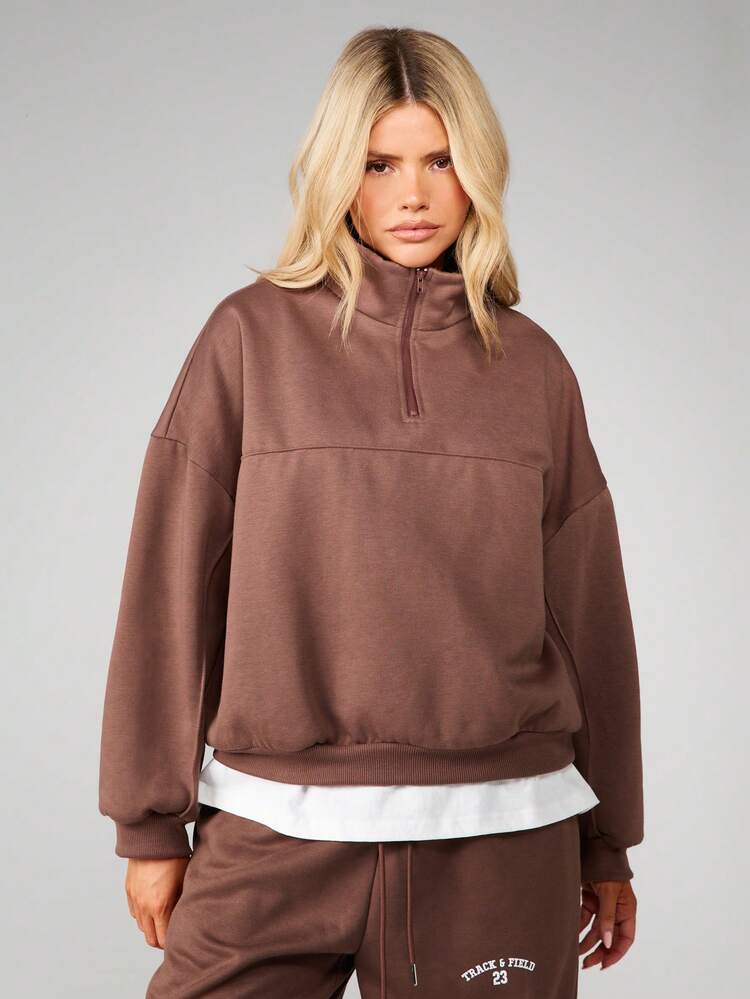 MISSGUIDED Oversized Quarter Zip Pullover Sweatshirt With Ribbed Cuffs And Mock Neck Casual Winter