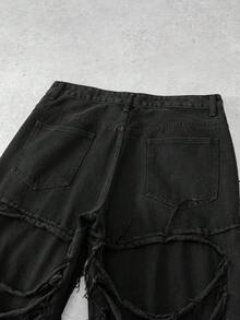 Manfinity Denimwave Men's Casual Distressed Ripped Raw Hem Black Jeans Punk Pants Men - Black - View 5