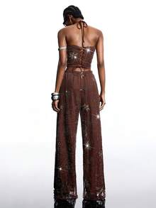 LYSMO Women's Punk Style Halter Neck Tank Top & Long Pants 2 Pieces Set - Coffee Brown - View 2