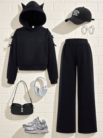 SHEIN Explorewe 2 件套青少年女孩连帽运动衫和裤子套装，时尚街头服饰，带蝴蝶结装饰，纯色