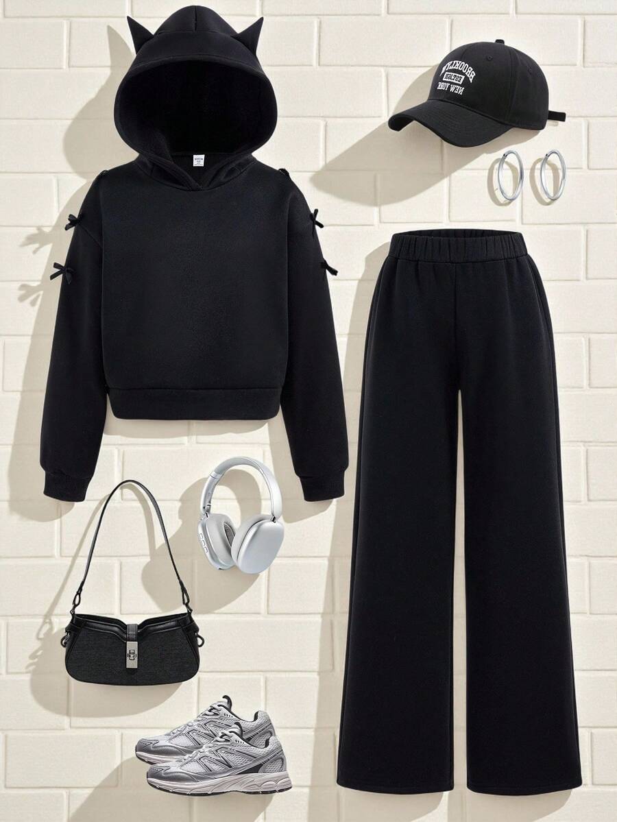 SHEIN 2pcs/Set Tween Girl Hooded Sweatshirt & Pants Set, Fashion Streetwear With Bow Decor, Solid Color