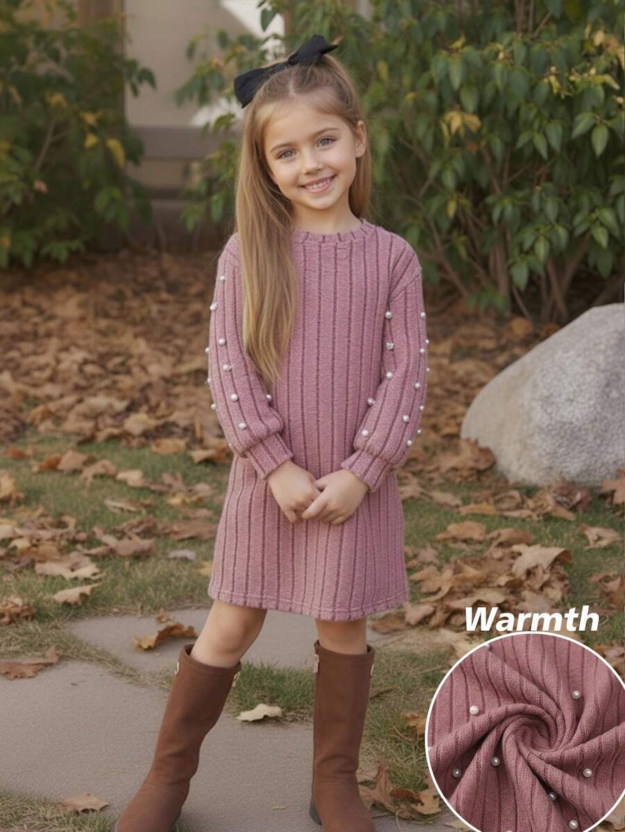 SHEIN Emery Rose Kids 少女优雅粉色珍珠灯笼袖长袖连衣裙，蓬松柔软，保暖舒适，适合姐妹装，秋冬季