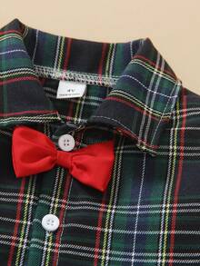 SHEIN 1 Áo sơ mi kẻ sọc kiểu Anh cho bé trai - Kẻ sọc nhiều màu cổ điển + Nơ xanh navy, thích hợp mặc dự tiệc và mặc hàng ngày, Xuân/Thu - màu xanh lá - Xem 3