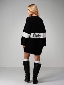 Missguided x Playboy Oversized V-Neck Knit Sweater Dress With Logo Print Long Sleeve Mini Dress Fall Winter Casual Wear - Black - View 5