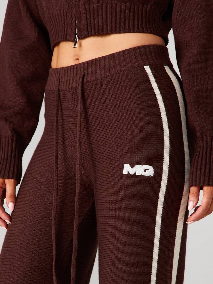 MISSGUIDED Ribbed Knit Wide Leg Straight Pants With Side Stripe Detail And Drawstring Waist