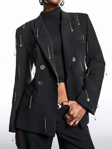 LYSMO 2025 极简主义冬季派对女士翻领长袖链条装饰双排扣收腰西装外套/圣诞节/女士圣诞节/圣诞节/新年/新年/感恩节/返校季/返校节/2000年代风格/Y2K女装/街头服饰