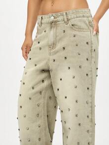 SUMWON Quần jean denim ống rộng đính đinh tán cỡ lớn có chi tiết kim loại kiểu dáng Palazzo cạp cao cổ điển đã giặt - Màu Khaki - Xem 4