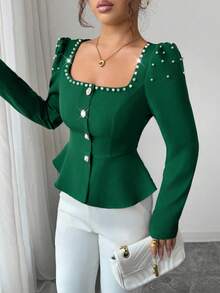 Elenzga Women's Elegant Commuter French Square Collar Bubble Pearl Crafted Puff Sleeve Long Sleeve Casual Blouse, Suitable For All Seasons, Autumn/Winter - Green - View 7